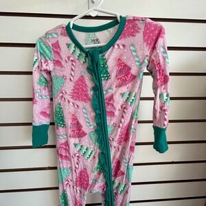 Birdie Bean Kids Christmas convertible Pajama 18-24 Pink Trees Candy Cane Ruffle